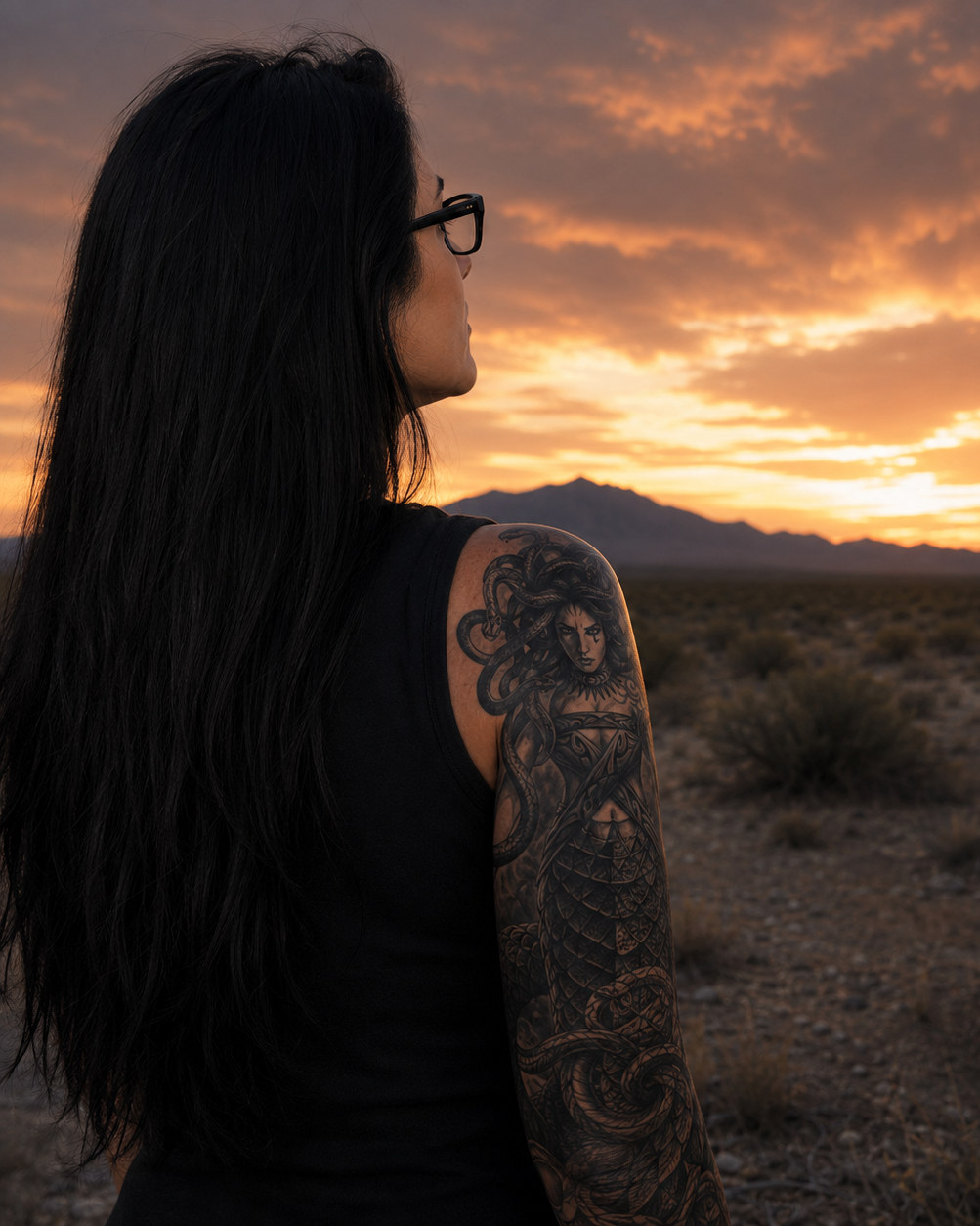 Leslie L. Stevens standing in open desert at sunset, turned away from the camera toward the horizon, the Medusa tattoo covering her upper arm, with a mountain ridge and a burning sky beyond her.